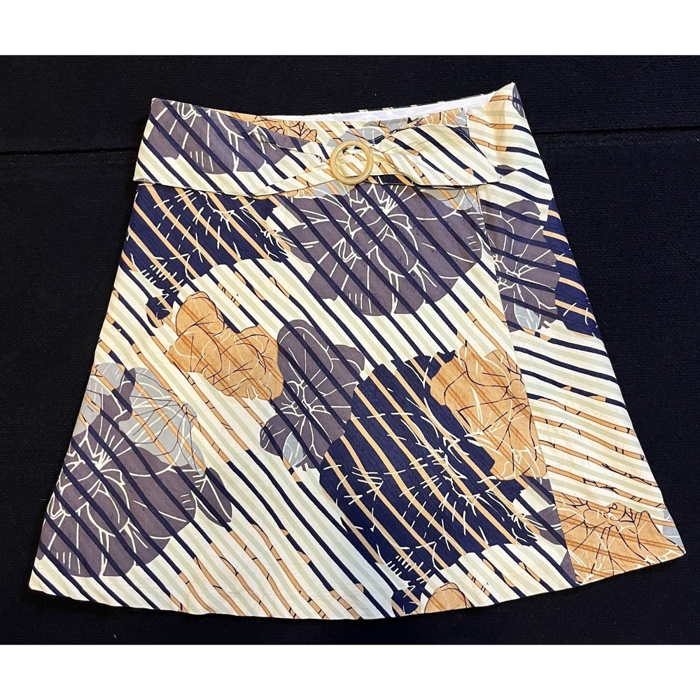 Odille Skirt Womens 12 Multicolor Stripe Floral A Line‎ Buckle Lined Cotton